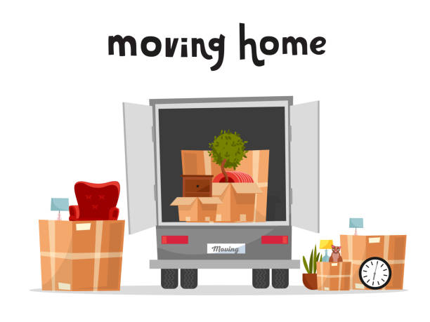 Moving Truck with Boxes. Back side of the loading truck. Cardboard boxes inside and outside the vehicle.Packed interior furniture and cat. lettering moving home qoute.Vector cartoon style illustration.