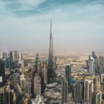 A breathtaking aerial view of Dubai's skyline featuring Burj Khalifa amidst modern skyscrapers under a clear sky.